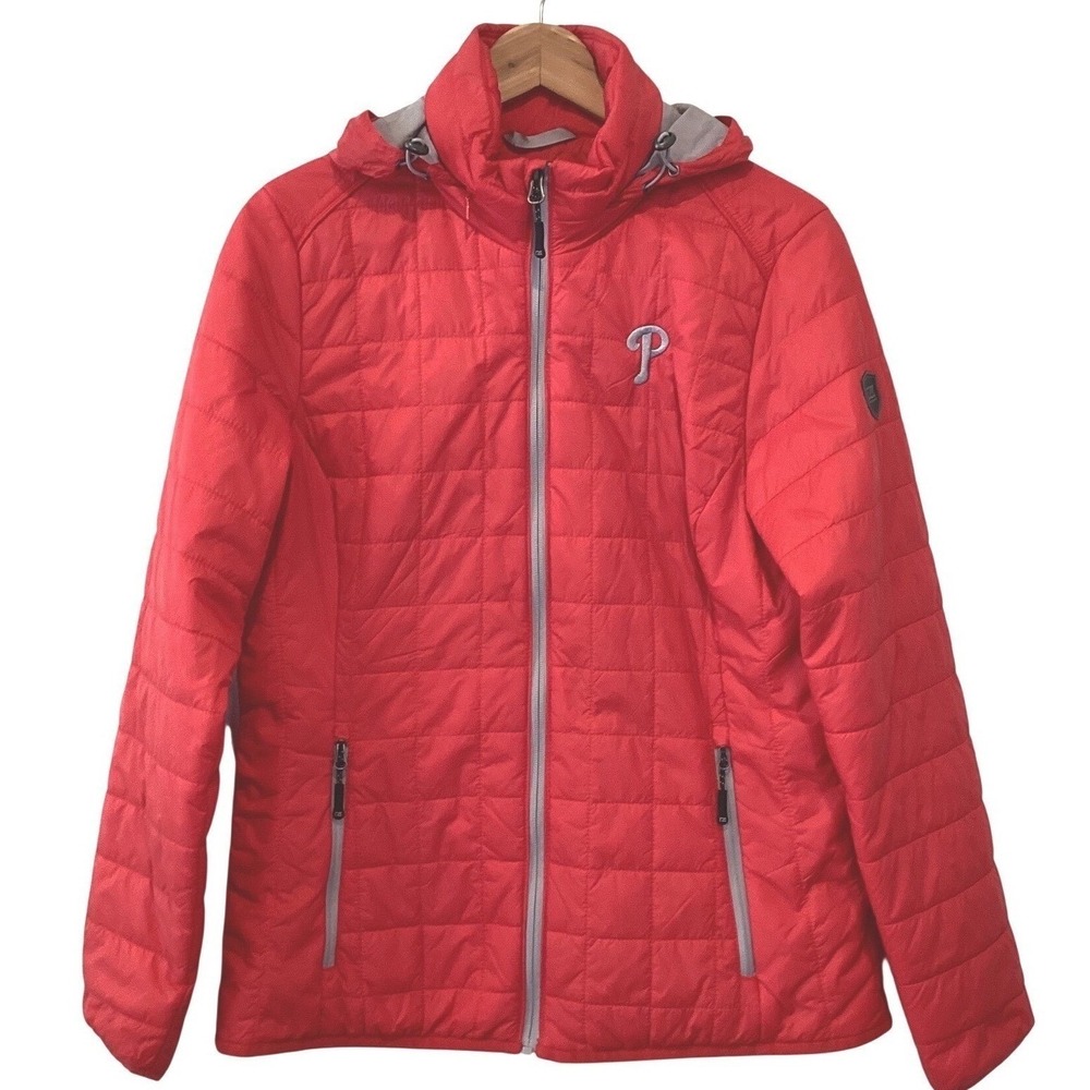 Cutter & Buck Phillies MLB Red Quilted WeatherTec Hooded Puffer Jacket - Large
